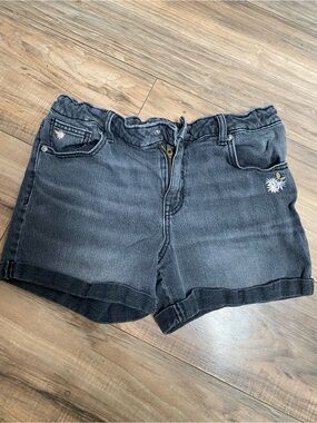 Cat & Jack Girls XL (14) Black Stretch Denim Shorts Embroidered Flowers